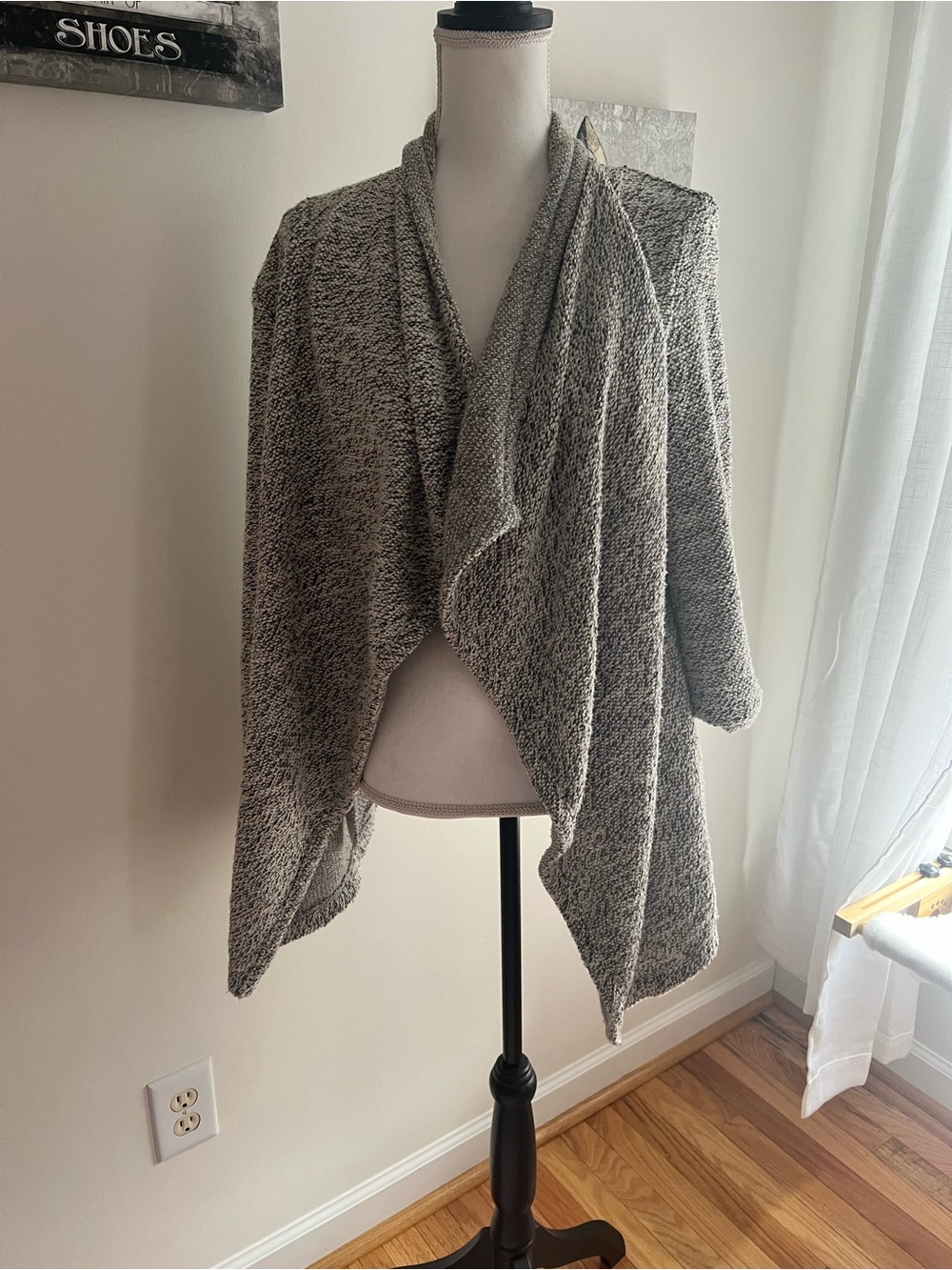 Draped Open-Front Marled Gray Knit Cardigan